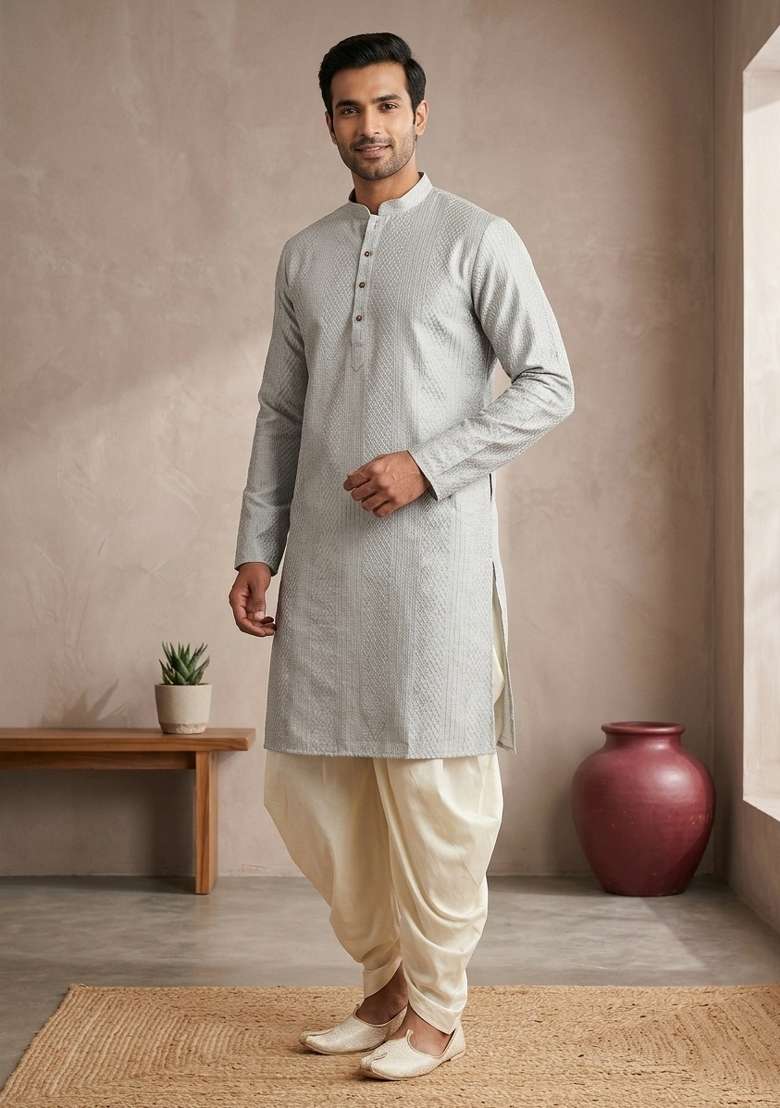 Grey Embroidery Bangalorian Kurta Pyjama Set For Men - Indya