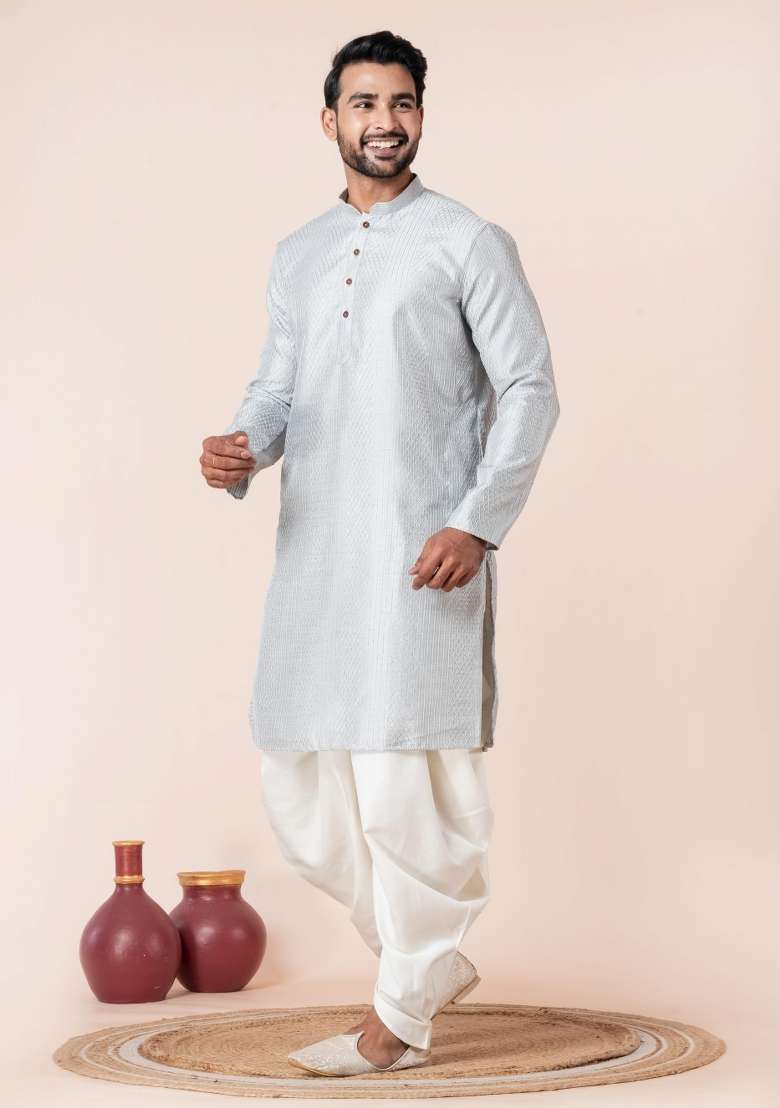 Grey Embroidery Bangalorian Kurta Pyjama Set For Men - Indya