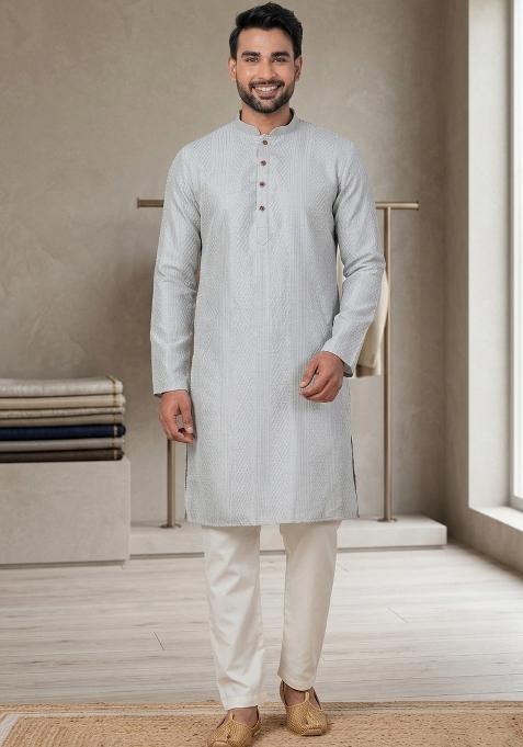 Grey Embroidery Bangalorian Kurta Patiala Set For Men