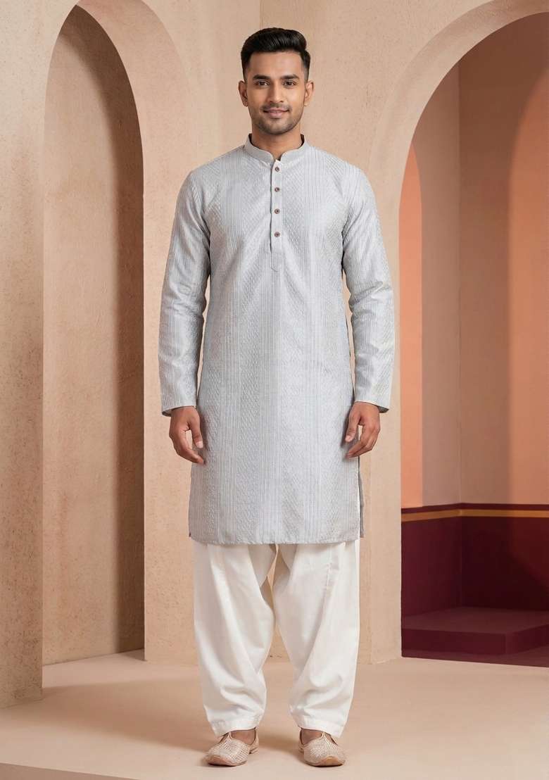 Blue Embroidery Bangalorian Kurta For Men - Indya