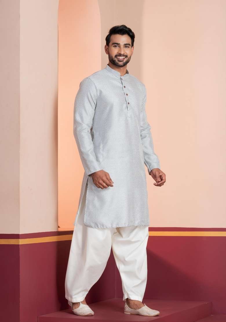 Blue Embroidery Bangalorian Kurta For Men - Indya