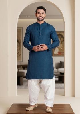 Blue Embroidery Bangalorian Kurta Dhoti Set For Men