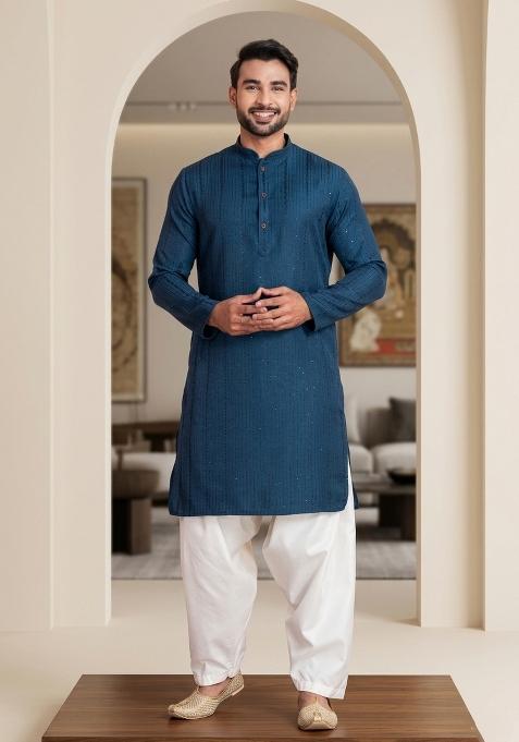 Blue Embroidery Bangalorian Kurta Dhoti Set For Men