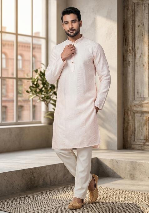 Peach Embroidery Bangalorian Kurta Dhoti Set For Men