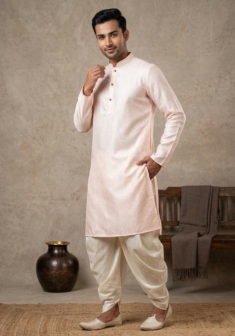 Peach Embroidery Bangalorian Kurta Pyjama Set For Men