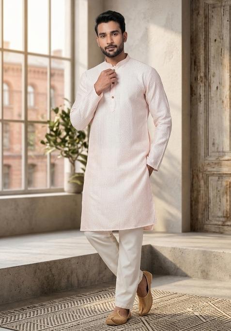 Peach Embroidery Bangalorian Kurta Patiala Set For Men