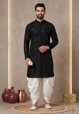 Black Embroidery Cotton Kurta Pyjama Set For Men