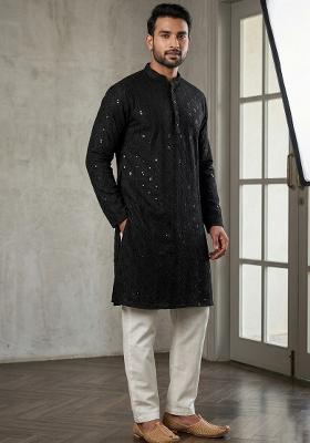 Black Embroidery Cotton Kurta Pyjama Set For Men
