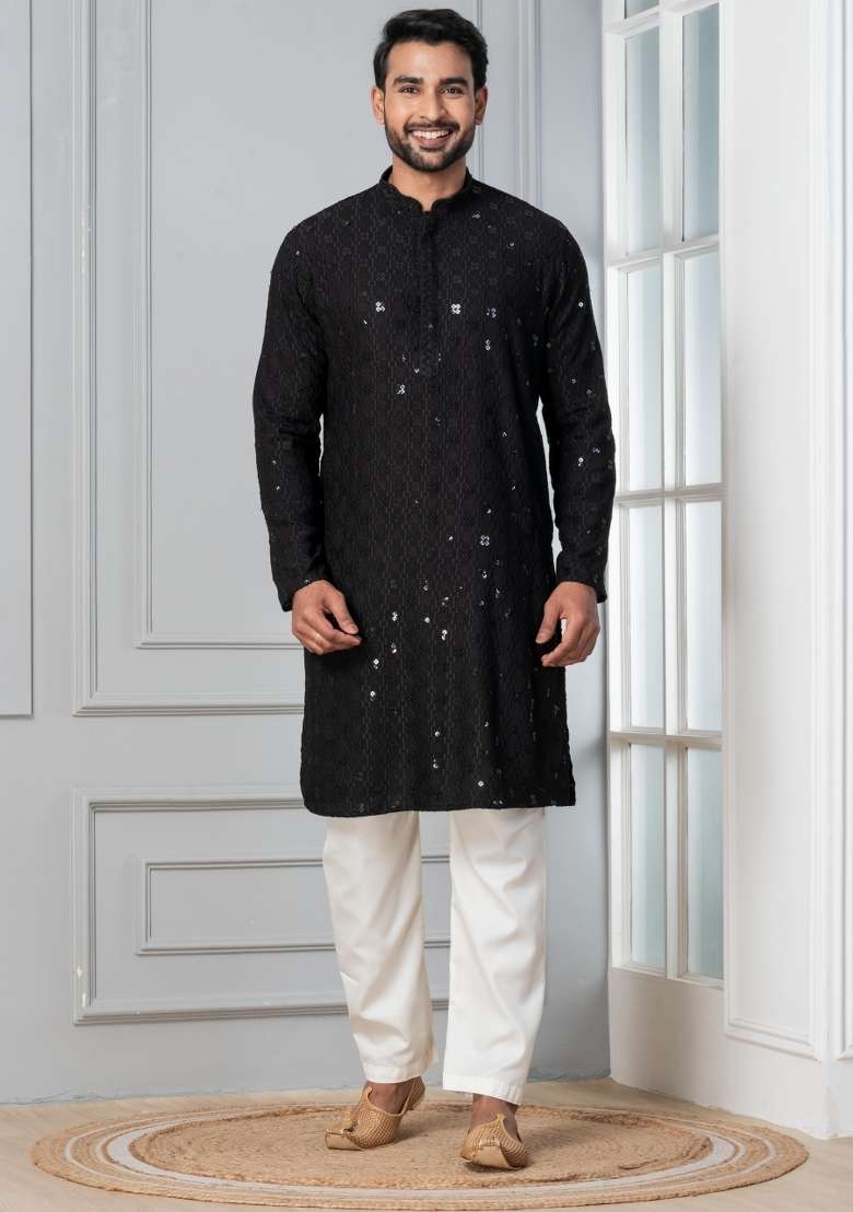 Black Embroidery Cotton Kurta Pyjama Set For Men - Indya