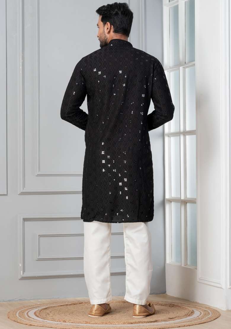 Black Embroidery Cotton Kurta Pyjama Set For Men - Indya