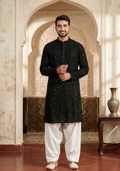 Purple Embroidery Cotton Kurta For Men