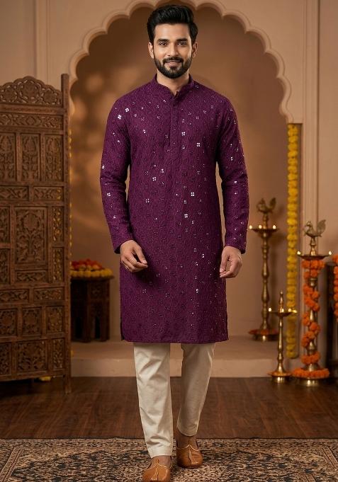 Purple Embroidery Cotton Kurta Dhoti Set For Men