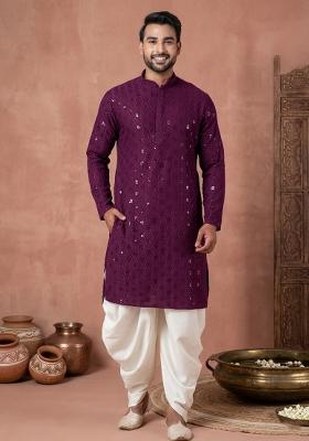 Purple Embroidery Cotton Kurta Pyjama Set For Men