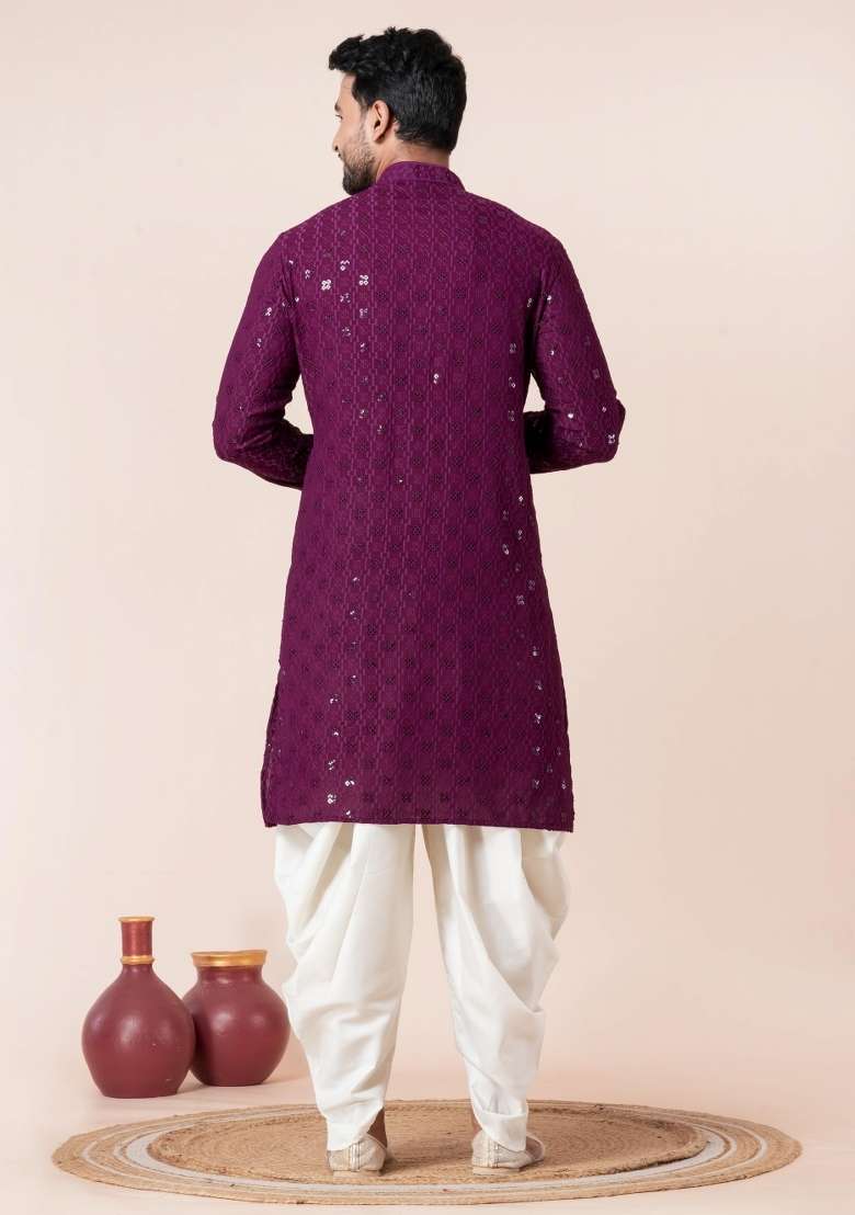 Purple Embroidery Cotton Kurta Pyjama Set For Men - Indya