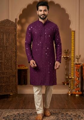 Purple Embroidery Cotton Kurta Patiala Set For Men