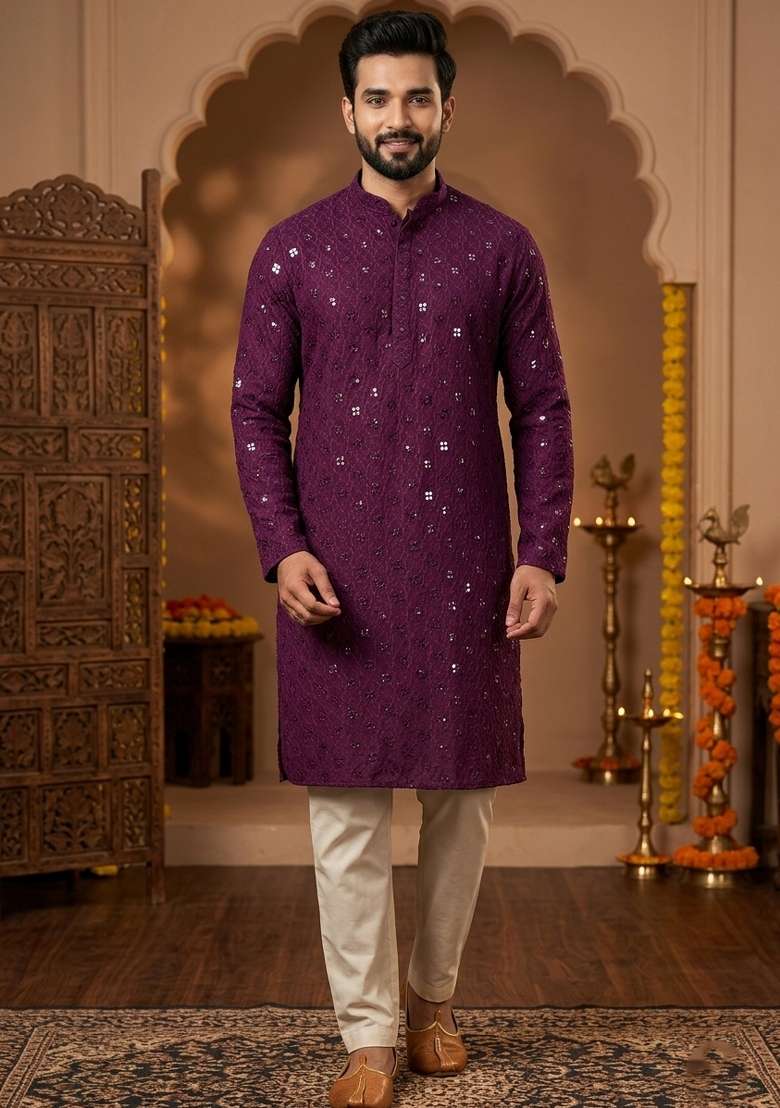 Purple Embroidery Cotton Kurta Patiala Set For Men - Indya