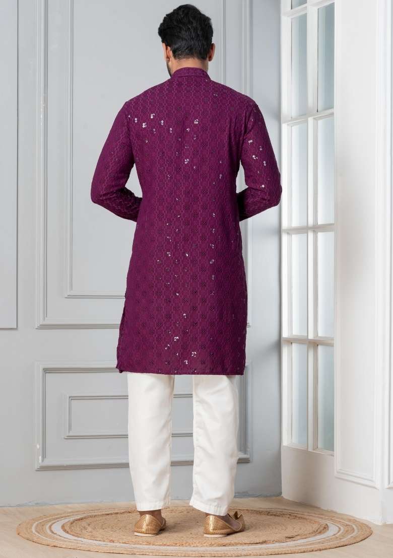 Purple Embroidery Cotton Kurta Patiala Set For Men - Indya