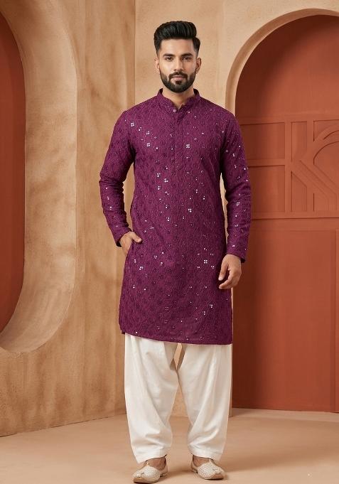Olive Embroidery Cotton Kurta For Men