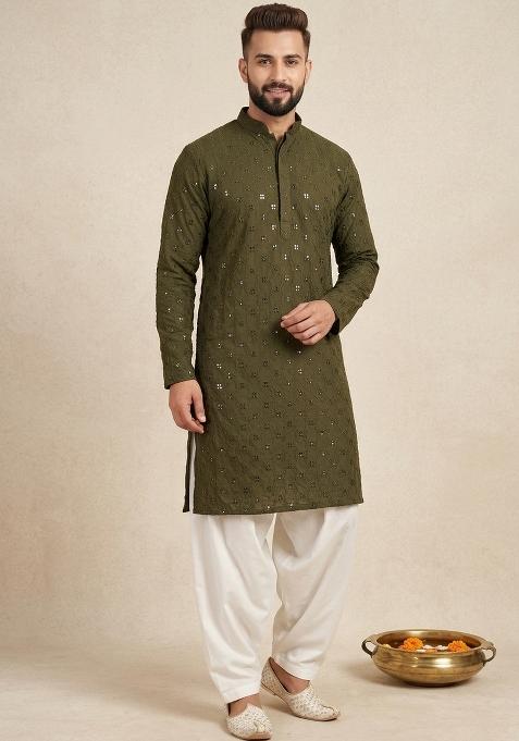 Olive Embroidery Cotton Kurta Dhoti Set For Men