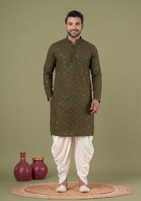 Olive Embroidery Cotton Kurta Pyjama Set For Men