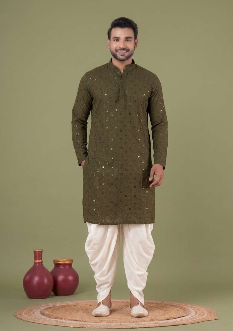 Olive Embroidery Cotton Kurta Pyjama Set For Men - Indya