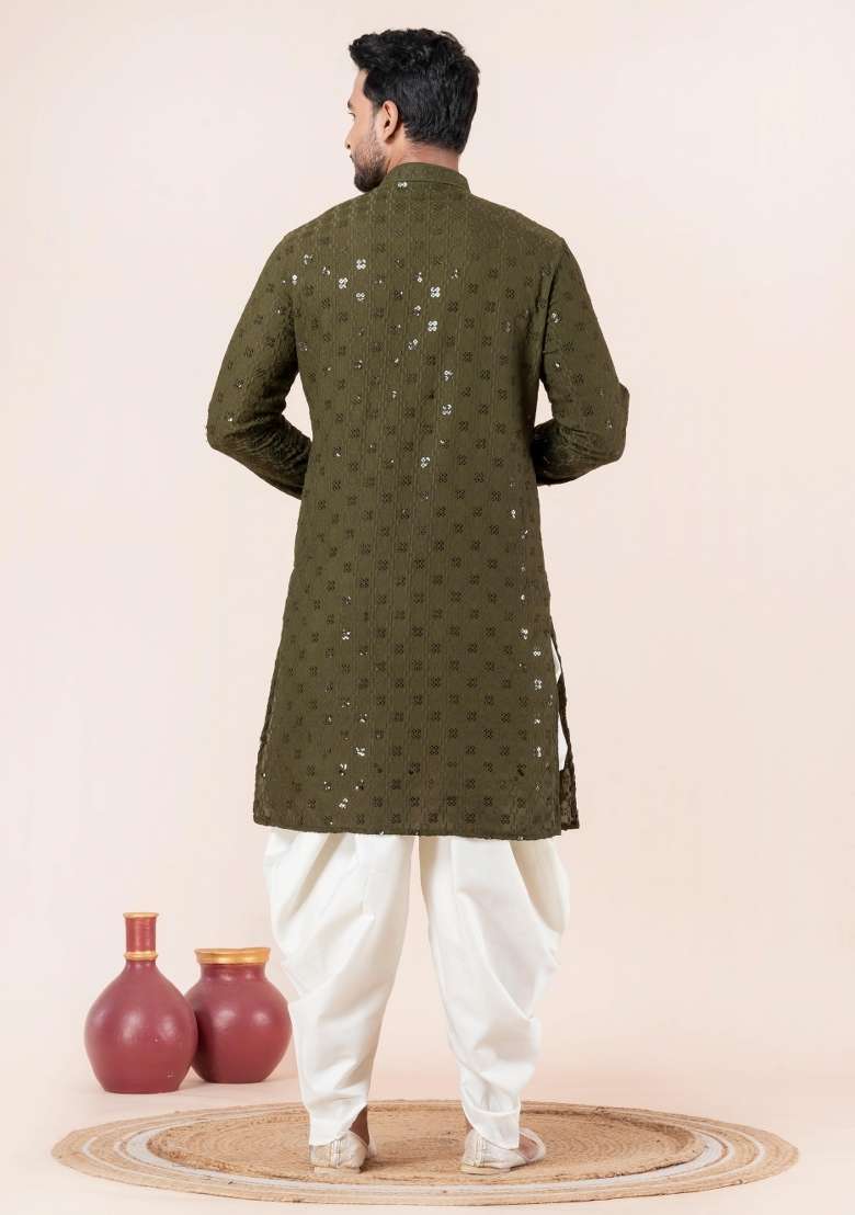 Olive Embroidery Cotton Kurta Pyjama Set For Men - Indya