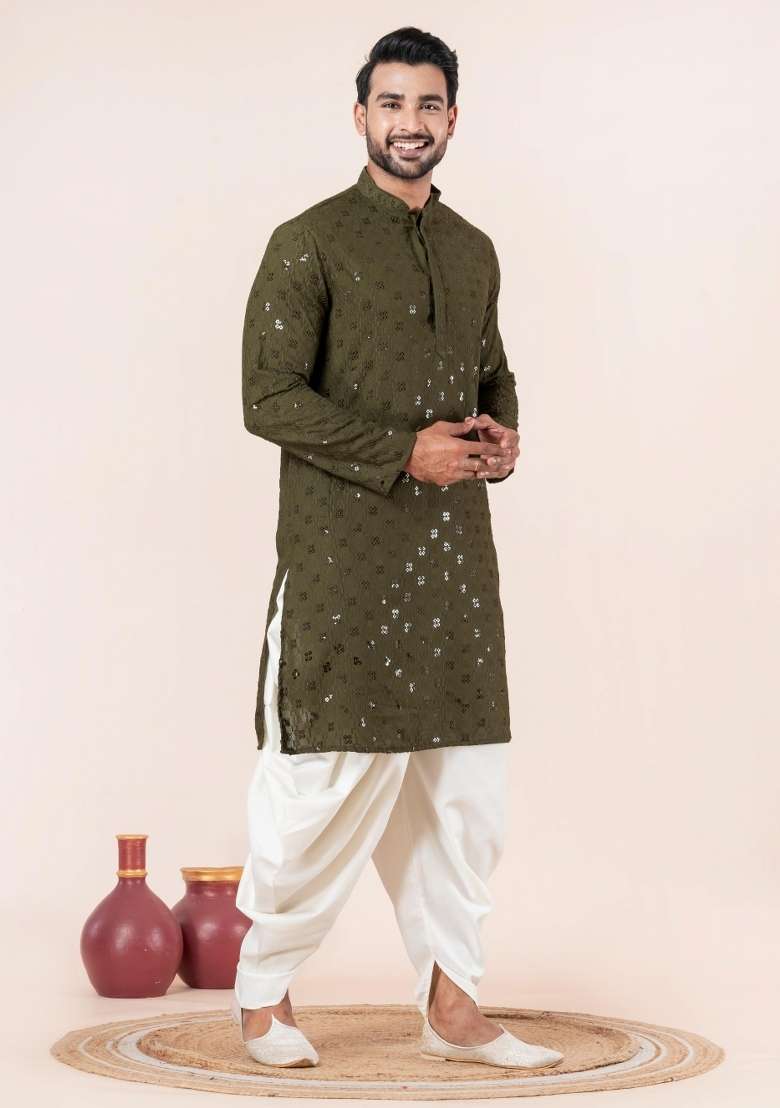 Olive Embroidery Cotton Kurta Pyjama Set For Men - Indya
