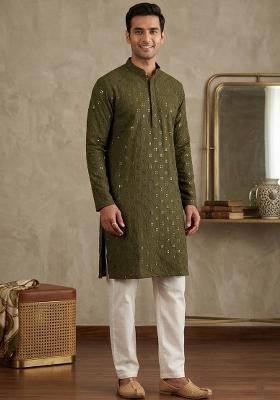 Olive Embroidery Cotton Kurta Patiala Set For Men