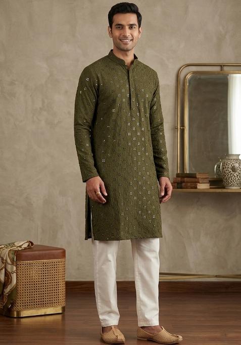 Olive Embroidery Cotton Kurta Patiala Set For Men