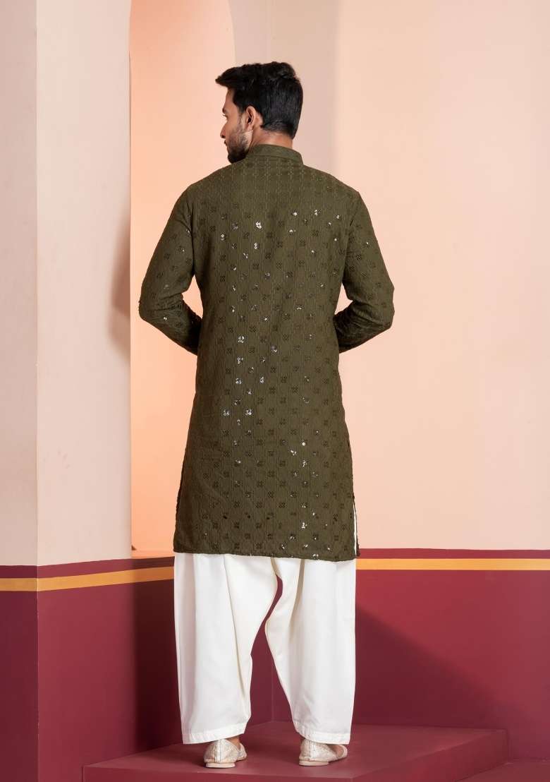 Blue Embroidery Cotton Kurta For Men - Indya