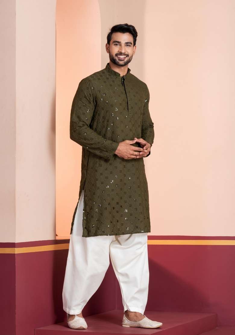 Blue Embroidery Cotton Kurta For Men - Indya