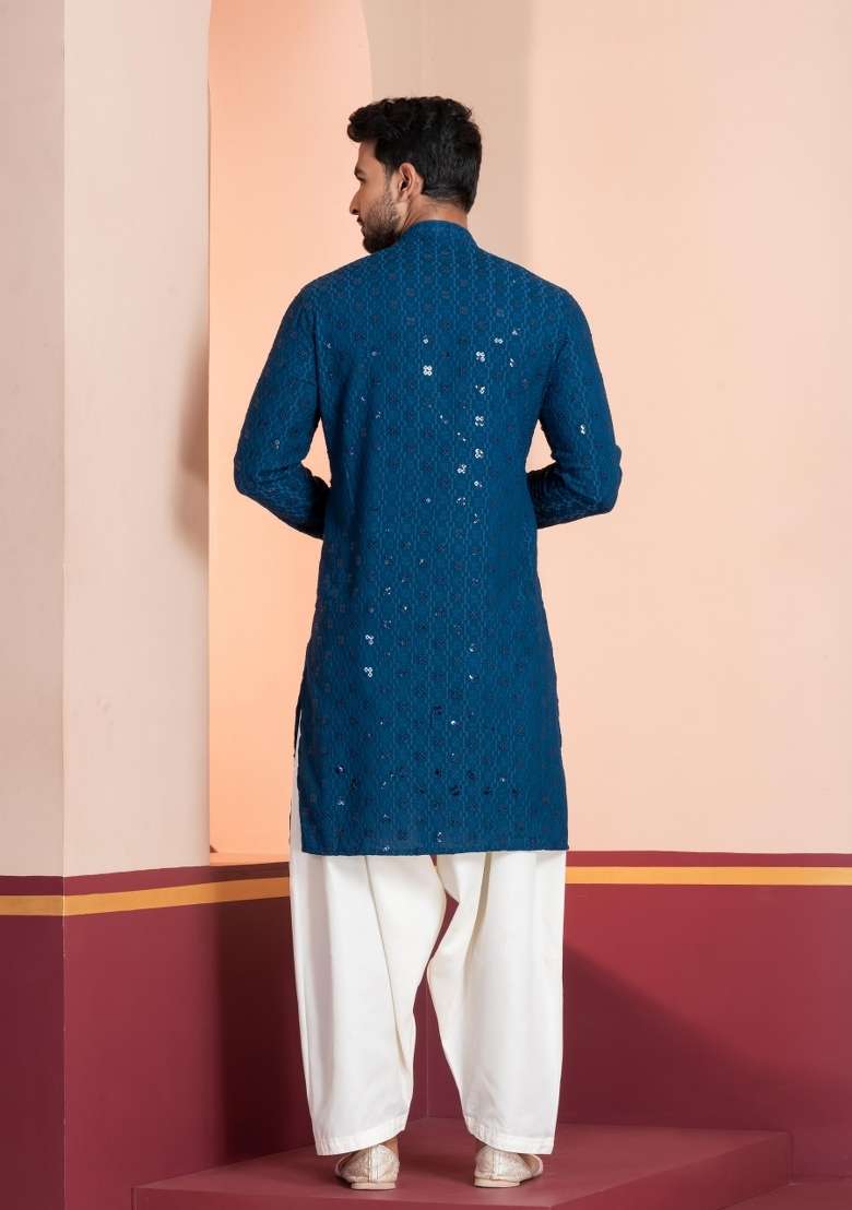 Blue Embroidery Cotton Kurta Dhoti Set For Men - Indya