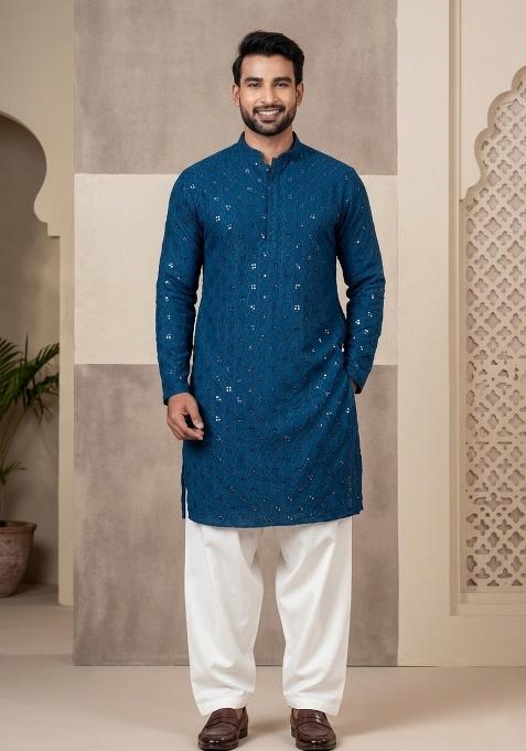 Blue Embroidery Cotton Kurta Dhoti Set For Men