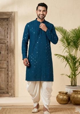 Blue Embroidery Cotton Kurta Pyjama Set For Men