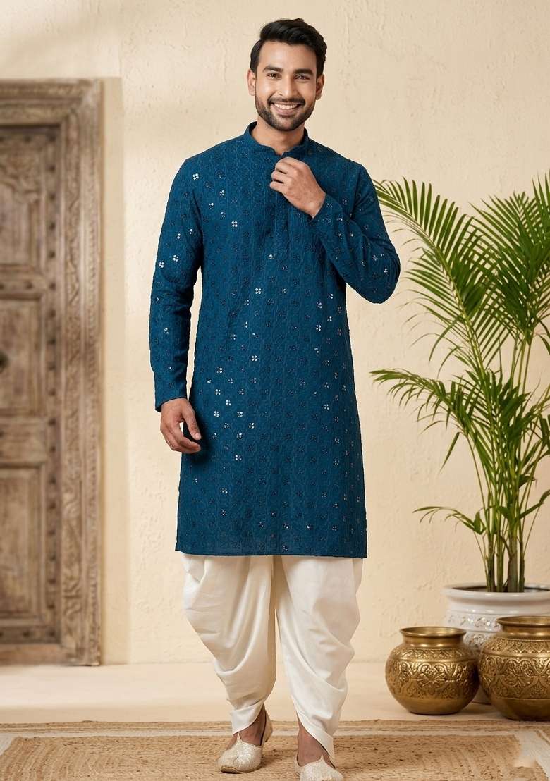 Blue Embroidery Cotton Kurta Pyjama Set For Men - Indya