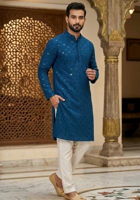 Blue Embroidery Cotton Kurta Patiala Set For Men