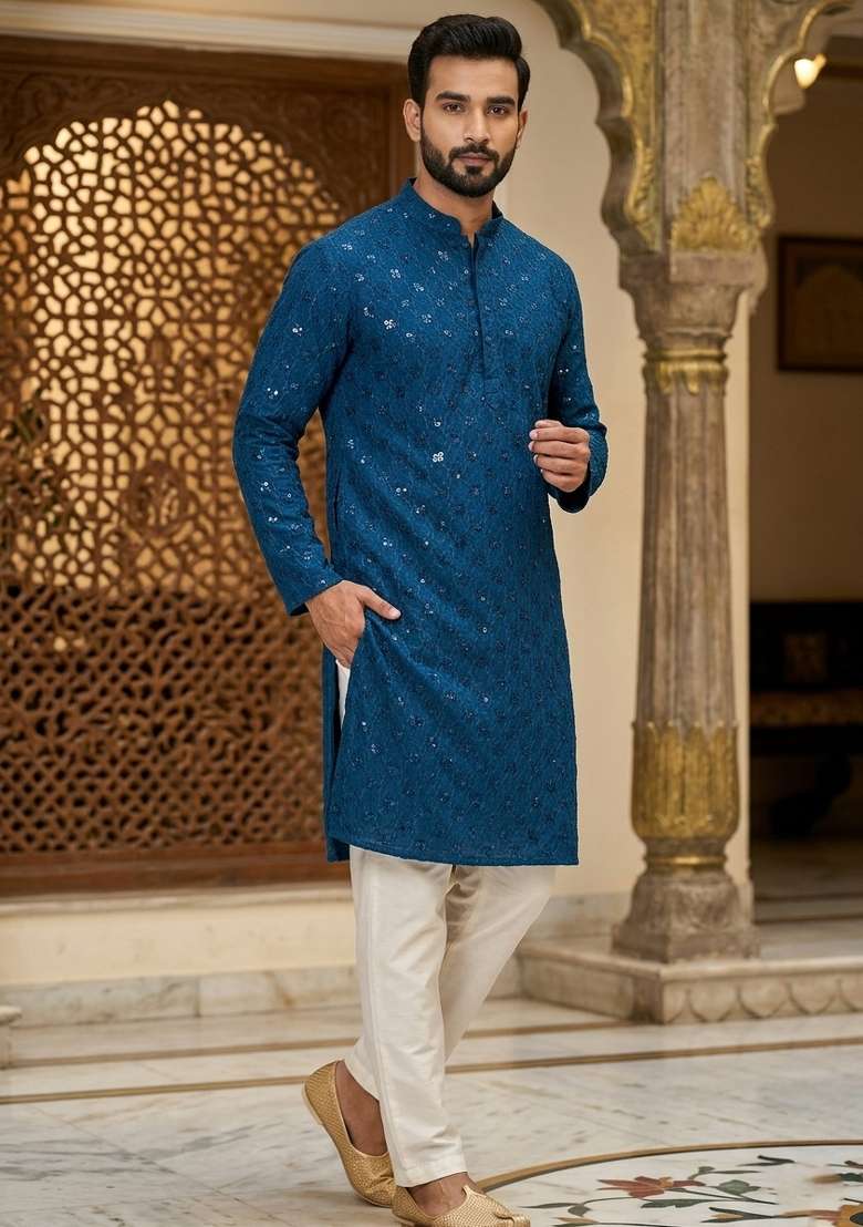 Blue Embroidery Cotton Kurta Patiala Set For Men - Indya