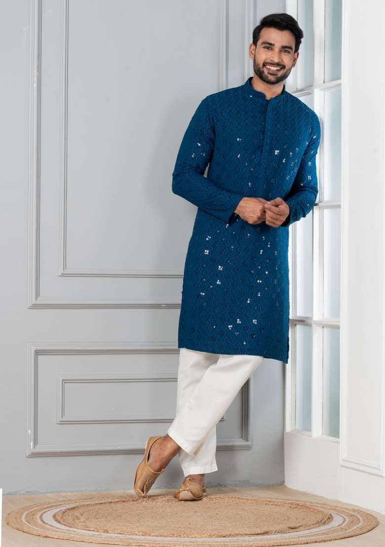 Blue Embroidery Cotton Kurta Patiala Set For Men - Indya