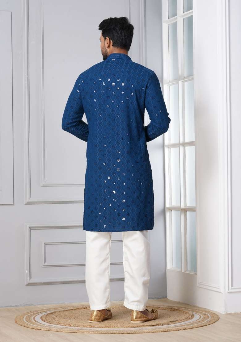 Blue Embroidery Cotton Kurta Patiala Set For Men - Indya
