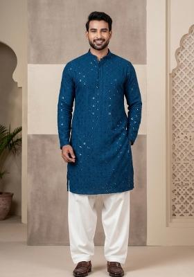 Yellow Embroidery Cotton Kurta For Men