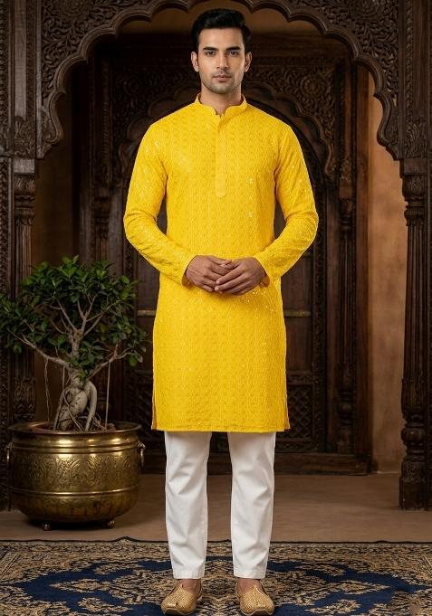 Yellow Embroidery Cotton Kurta Dhoti Set For Men