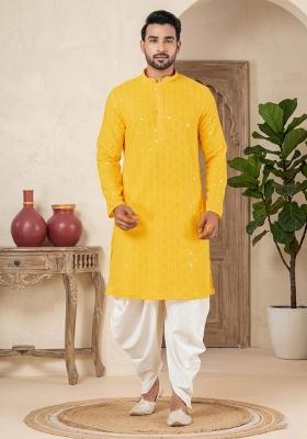 Yellow Embroidery Cotton Kurta Pyjama Set For Men
