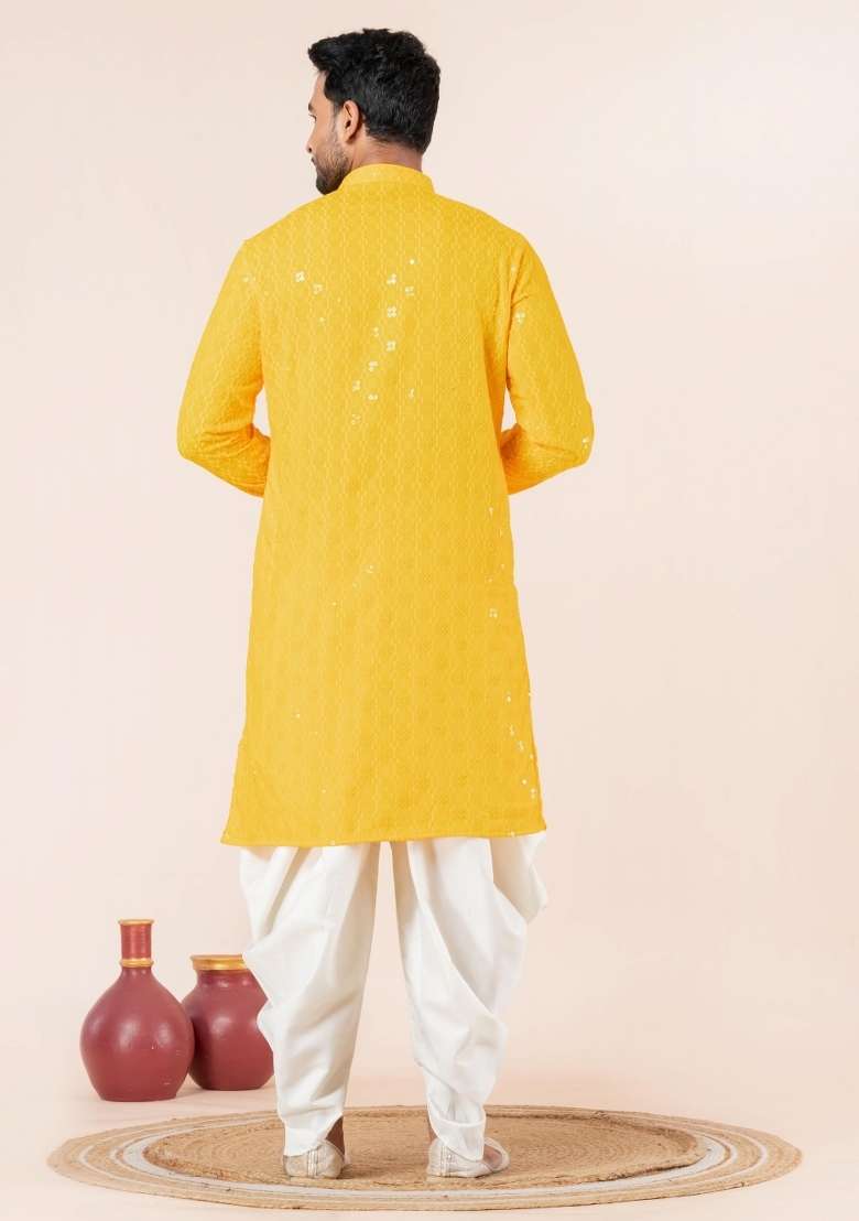 Yellow Embroidery Cotton Kurta Pyjama Set For Men - Indya