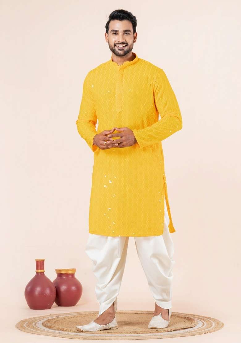 Yellow Embroidery Cotton Kurta Pyjama Set For Men - Indya