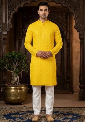 Yellow Embroidery Cotton Kurta Patiala Set For Men