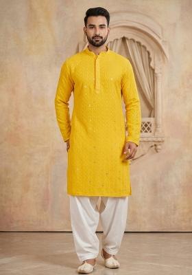 Red Embroidery Cotton Kurta For Men