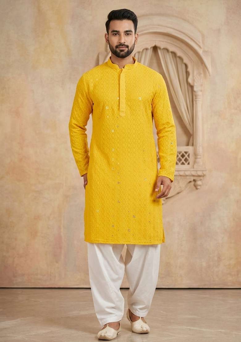 Red Embroidery Cotton Kurta For Men - Indya
