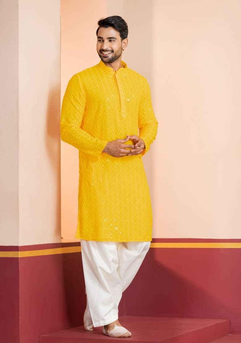 Red Embroidery Cotton Kurta For Men - Indya