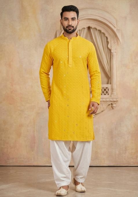 Red Embroidery Cotton Kurta For Men