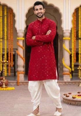 Red Embroidery Cotton Kurta Pyjama Set For Men